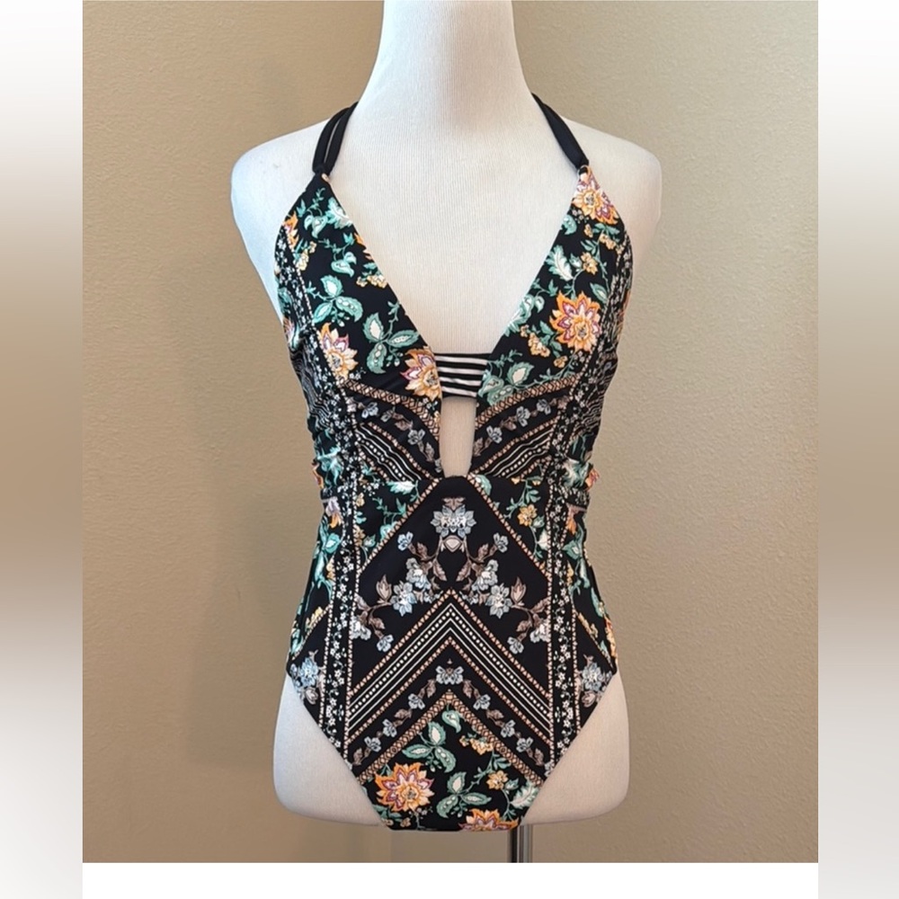 Nanette Lepore Black Floral Halter One-Piece Swimsuit. NWOT